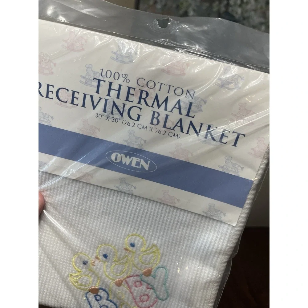 Vtg White Thermal Receiving Blanket With Yellow Ducks Owen Baby Security Blanket
